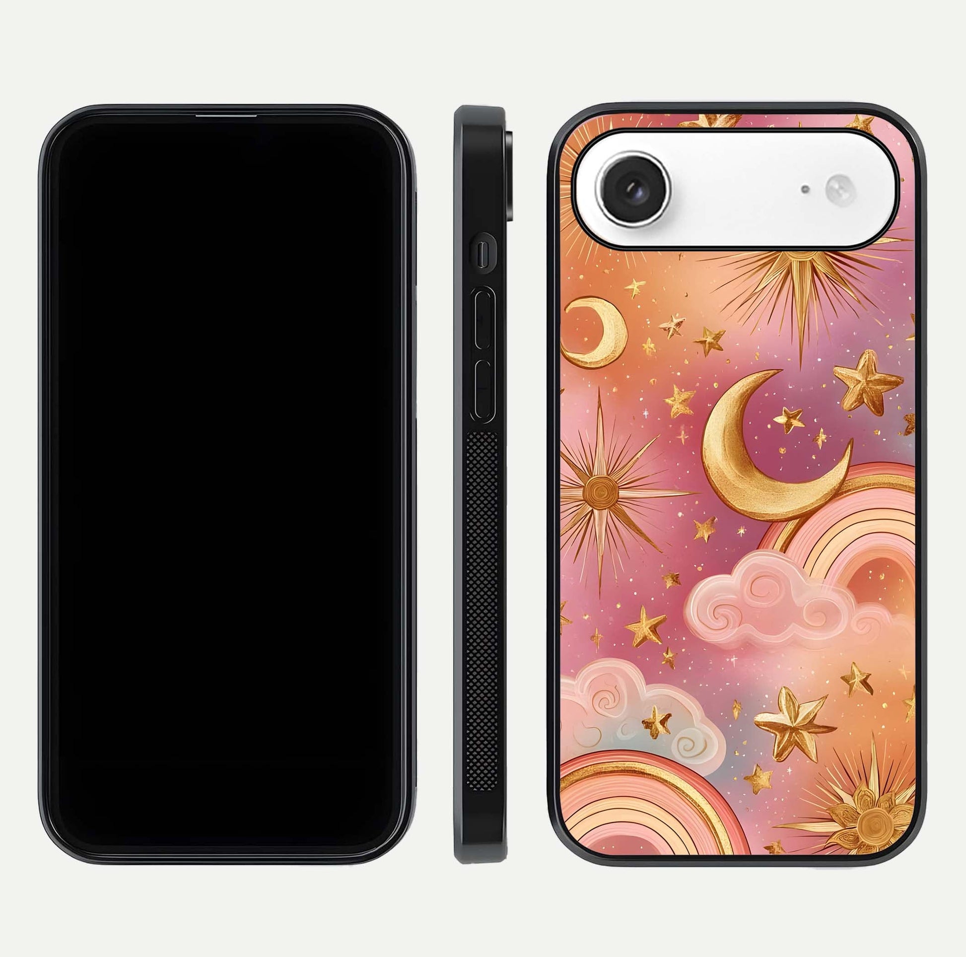 Golden Celestial Dreams Glass Case for iPhone Air  front and back view layout highlighting celestial motifs and smooth curved edge