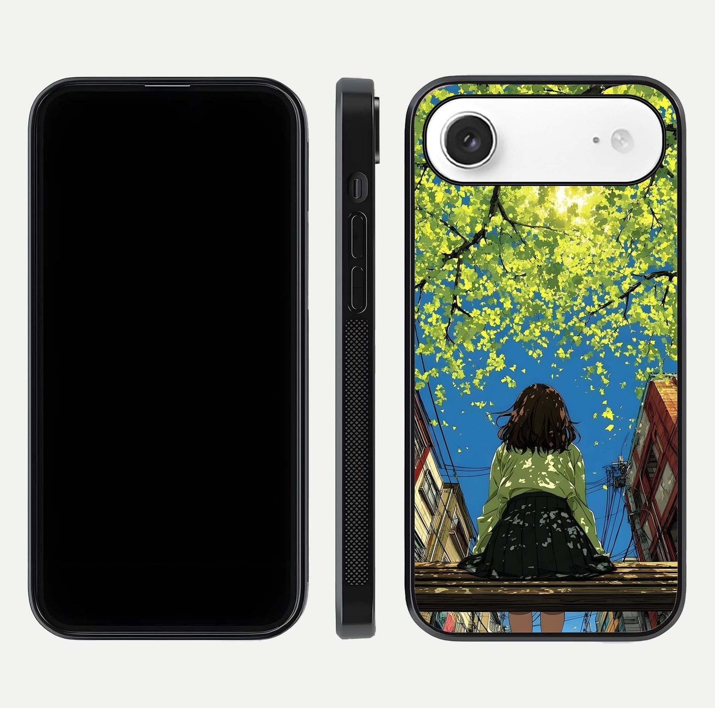 Golden Leaves Glow Glass Case for iPhone Air  front and back view layout highlighting glowing tones and curved edges