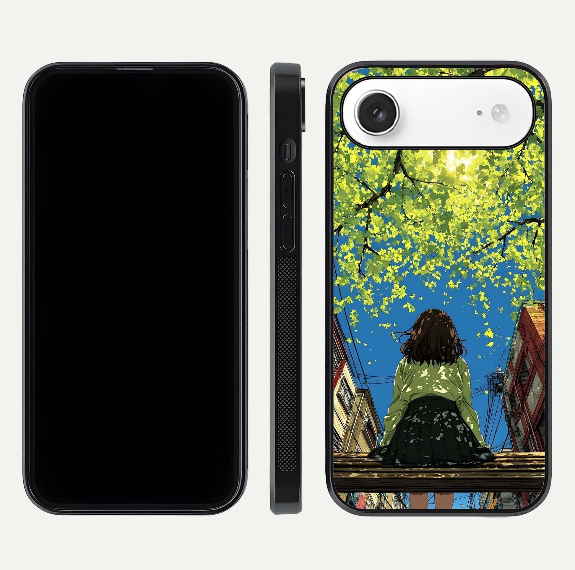Golden Leaves Glow Glass Case for iPhone Air  front and back view layout highlighting glowing tones and curved edges
