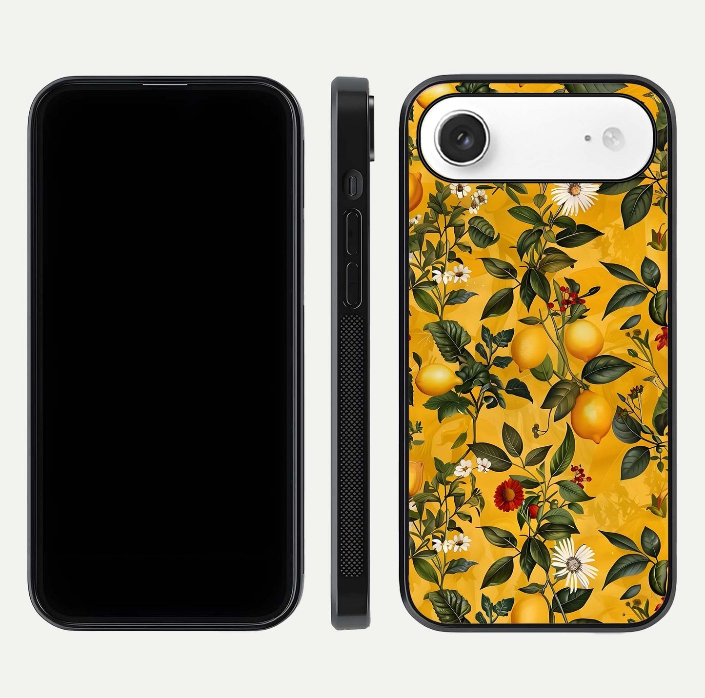 Golden Lemon Field Glass Case for iPhone Air  front and back view layout highlighting fruity tones and curved glass edges