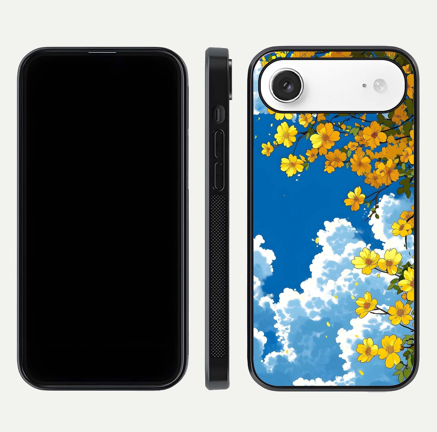 Golden Petal Sky Glass Case for iPhone Air  front and back view layout highlighting floral pattern and curved glass edges