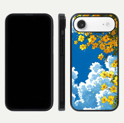 Golden Petal Sky Glass Case for iPhone Air  front and back view layout highlighting floral pattern and curved glass edges