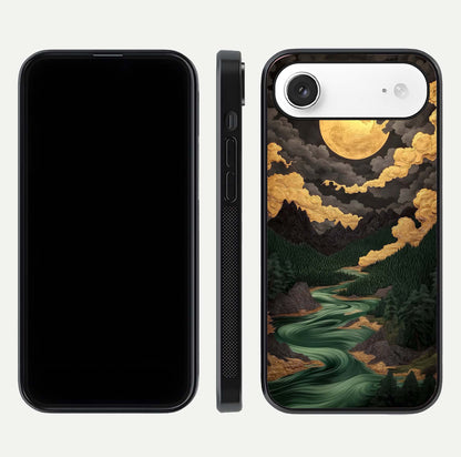 Golden River Moon Glass Case for iPhone Air  front and back view layout displaying celestial glow and smooth curves