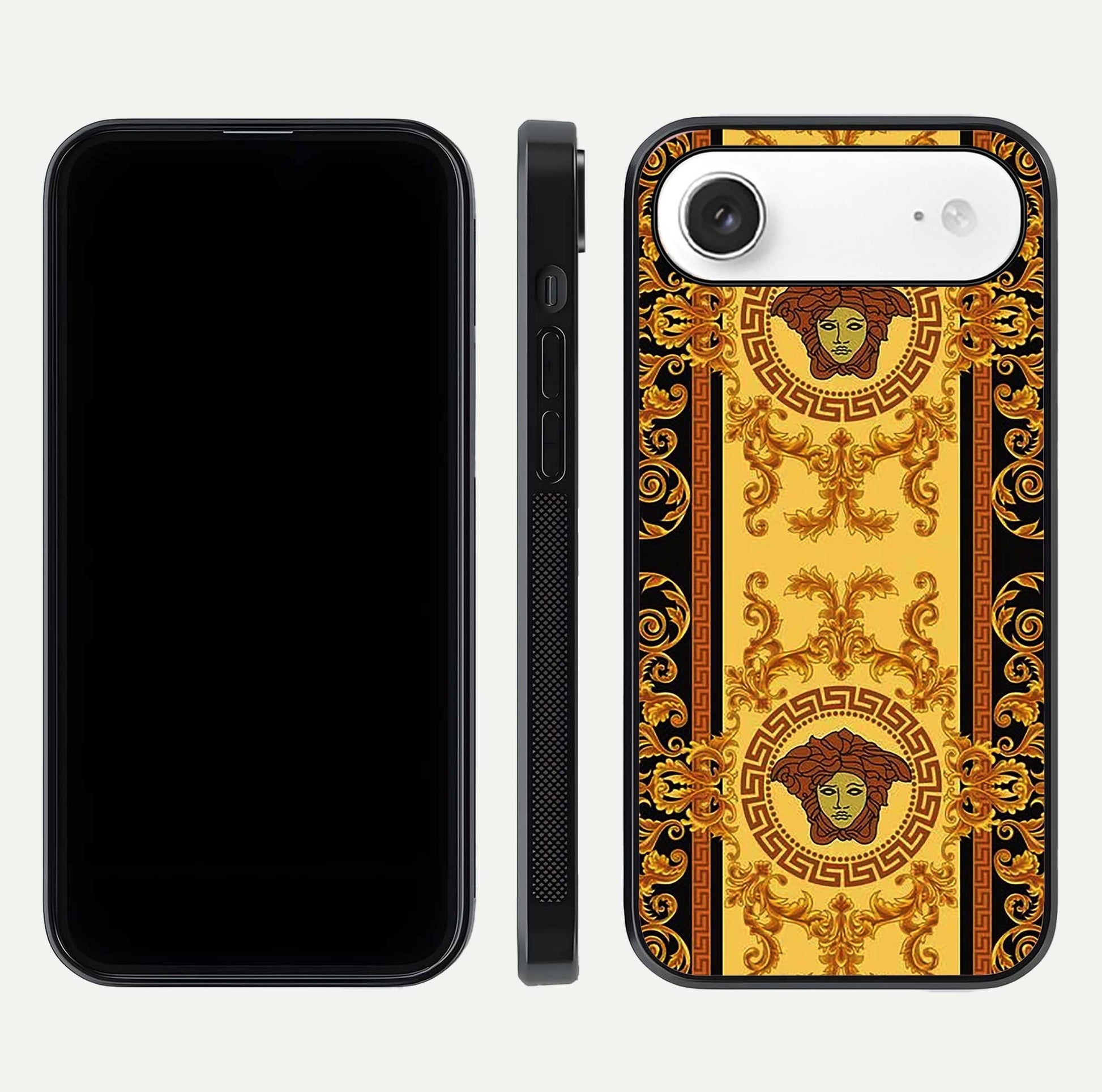 Golden Royal Heritage Glass Case for iPhone Air  front and back view layout displaying ornate gold texture and curved edges