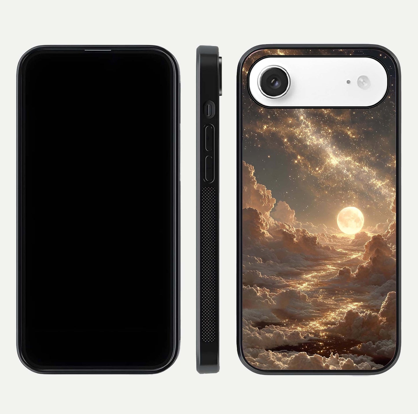 Golden Sky Dream Glass Case for iPhone Air  front and back view layout highlighting celestial gold hues and curved glass