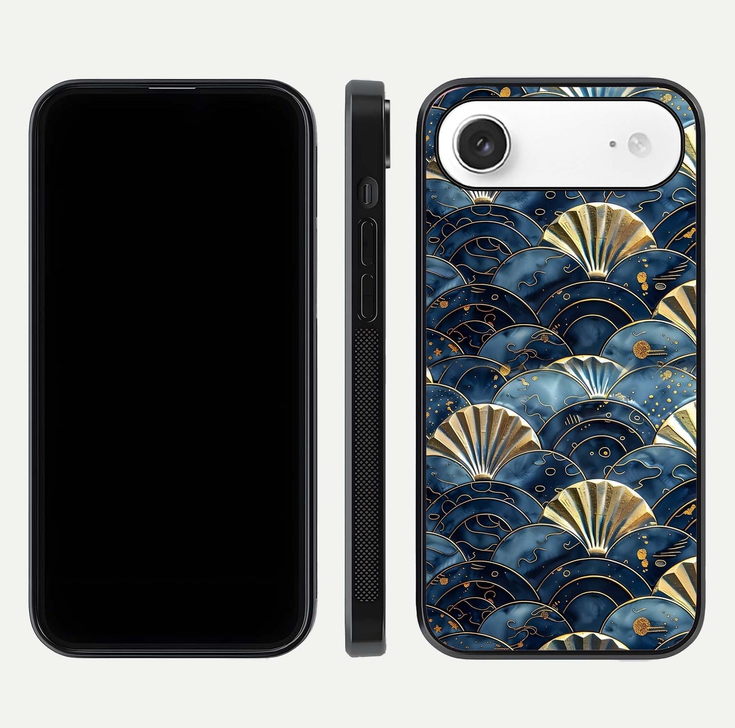Golden Wave Luxe Glass Case for iPhone Air  front and back view layout highlighting fluid gold design and curved glass