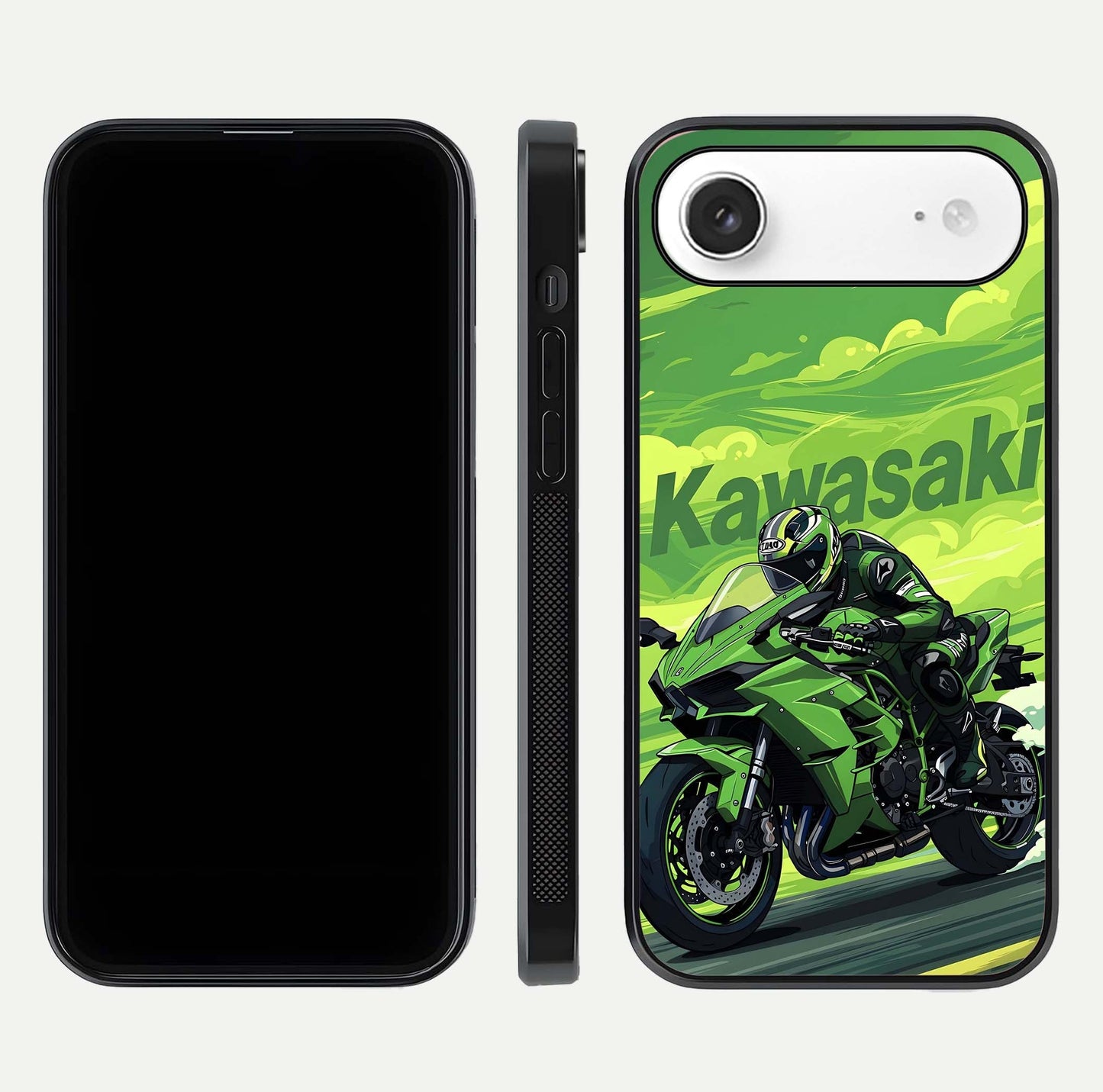 Green Kawasaki Glass Case for iPhone Air  front and back view layout highlighting vivid green tones and curved glass edges