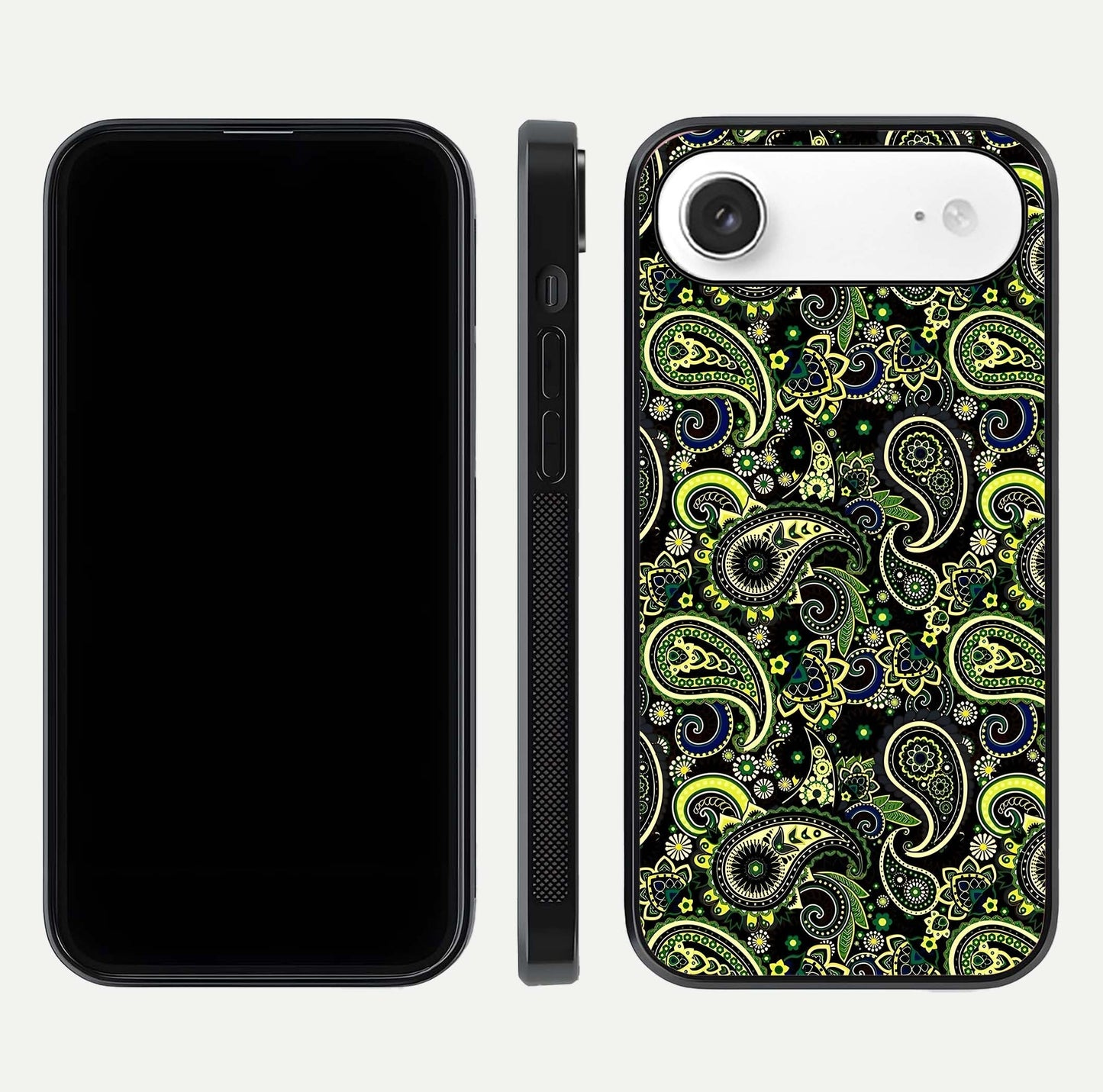 Green Mandala Pattern Glass Case for iPhone Air  front and back view layout highlighting geometric art and curved glass