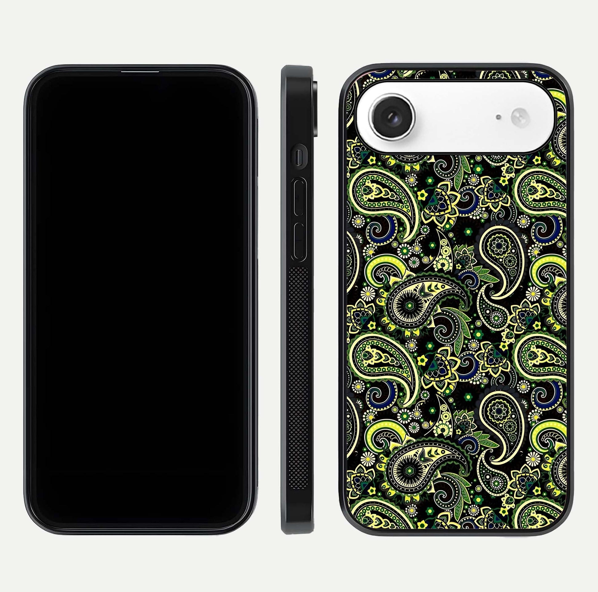 Green Mandala Pattern Glass Case for iPhone Air  front and back view layout highlighting geometric art and curved glass