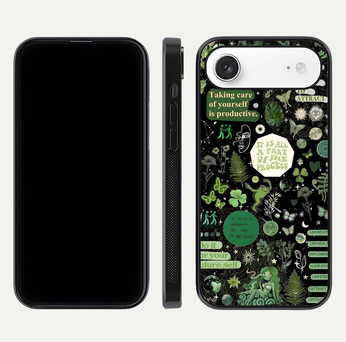Green Moon Energy Glass Case for iPhone Air  front and back view layout highlighting cosmic tones and smooth edges