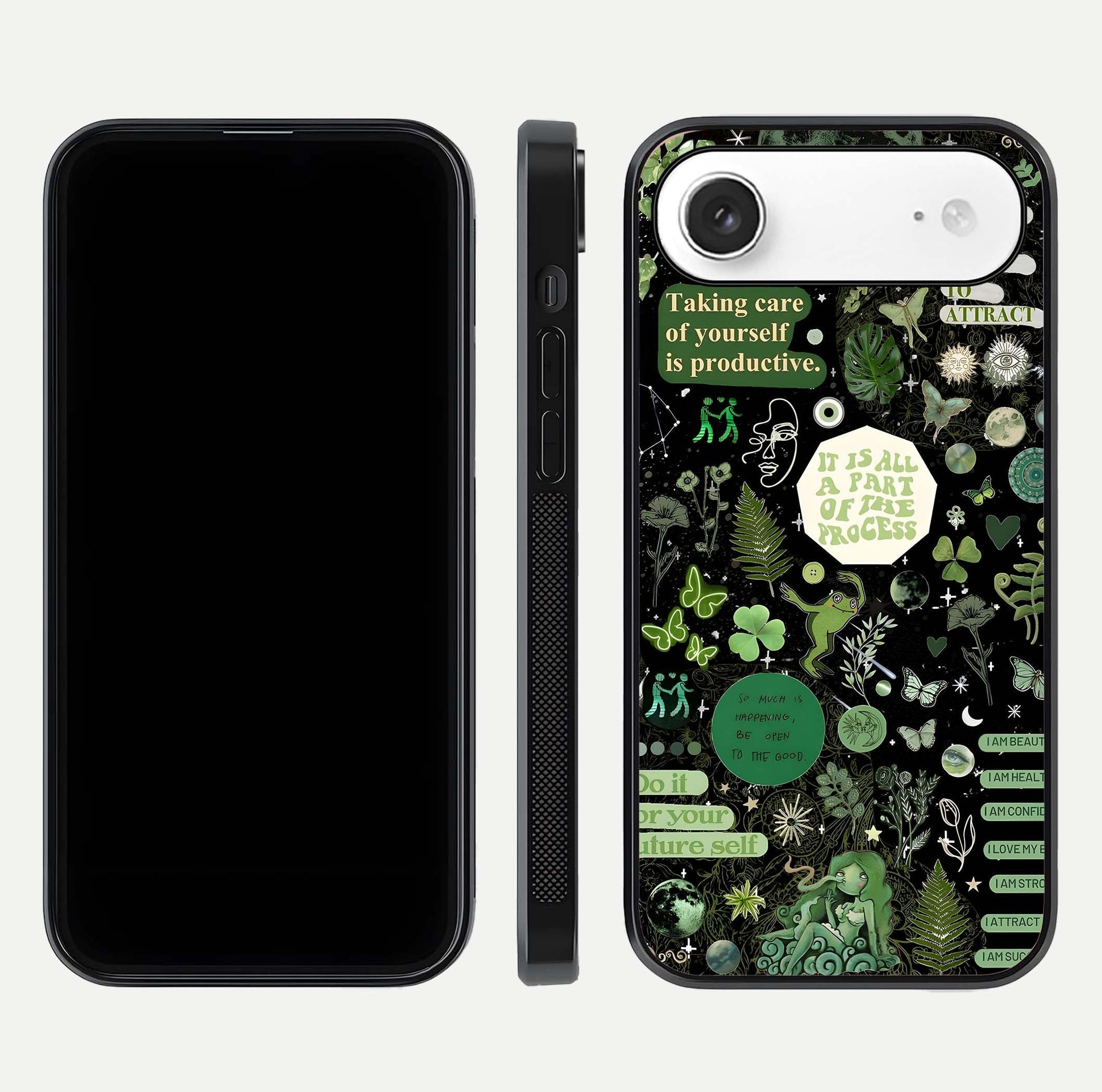 Green Moon Energy Glass Case for iPhone Air  front and back view layout highlighting cosmic tones and smooth edges