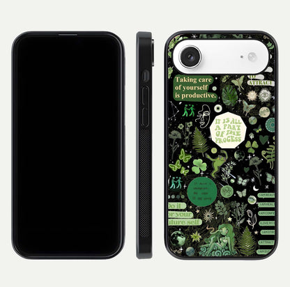 Green Moon Energy Glass Case for iPhone Air  front and back view layout highlighting cosmic tones and smooth edges