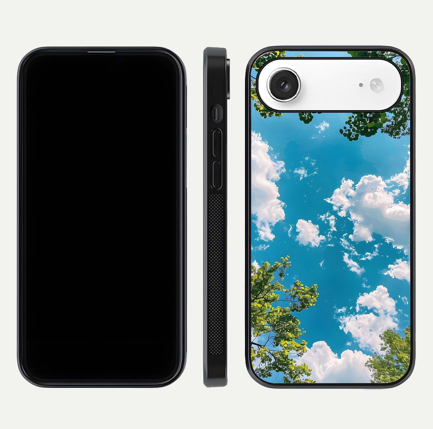 Greenery Sky Glass Case for iPhone Air  front and back view layout displaying scenic green-blue gradient and curved edges
