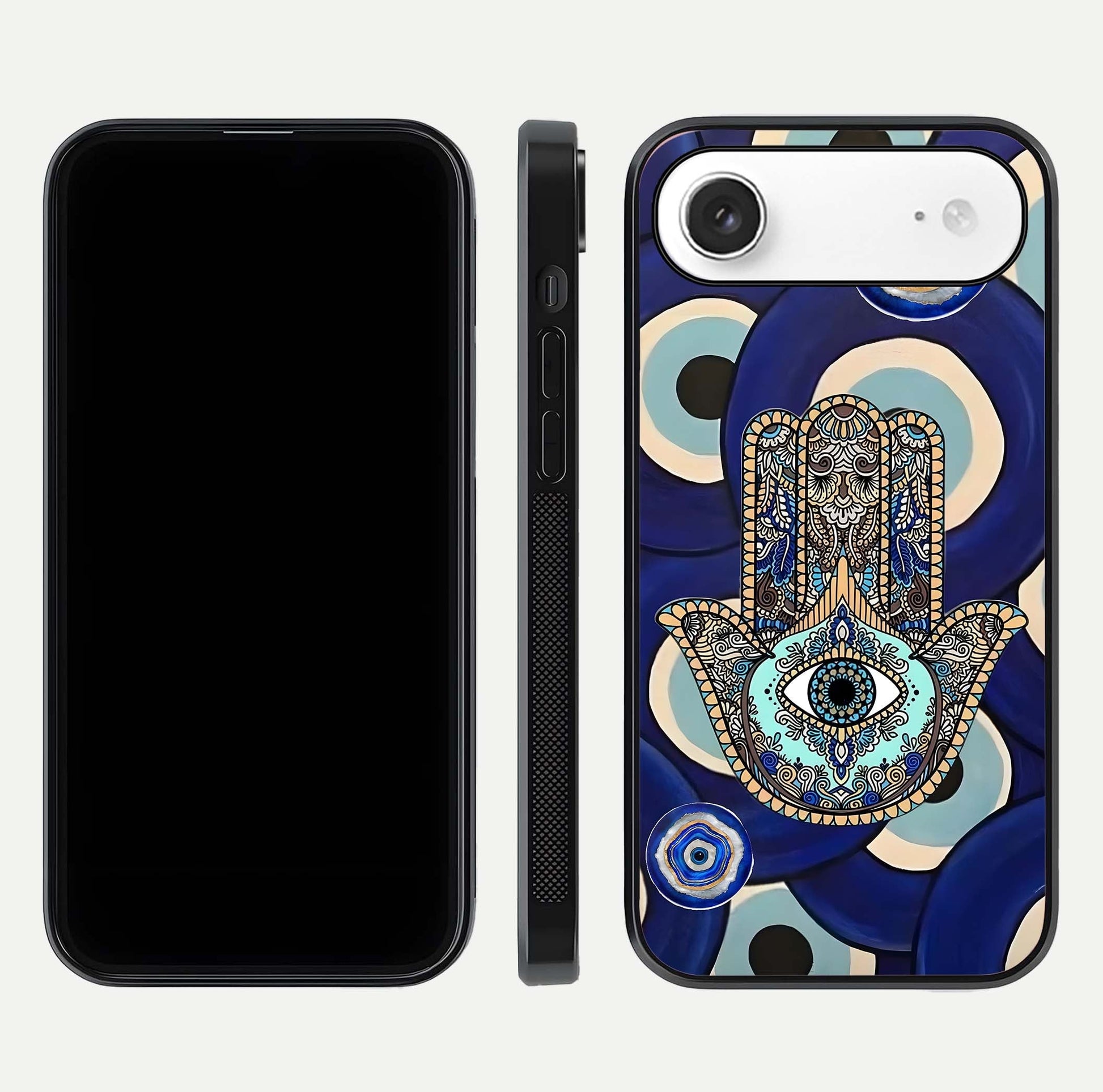 Hamsa Divine Guard Glass Case for iPhone Air  front and back view layout highlighting spiritual artwork and smooth edges