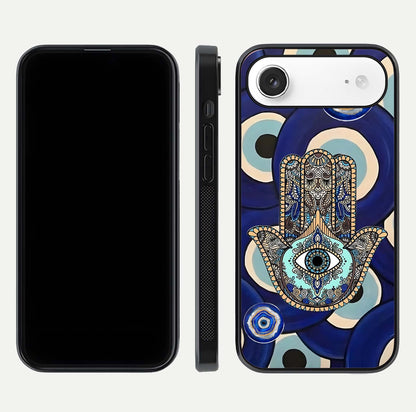 Hamsa Divine Guard Glass Case for iPhone Air  front and back view layout highlighting spiritual artwork and smooth edges