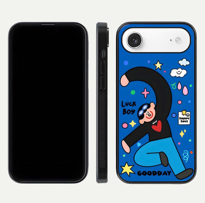 Happy Luck Vibe Glass Case for iPhone Air  front and back view layout highlighting positive motif and curved edges