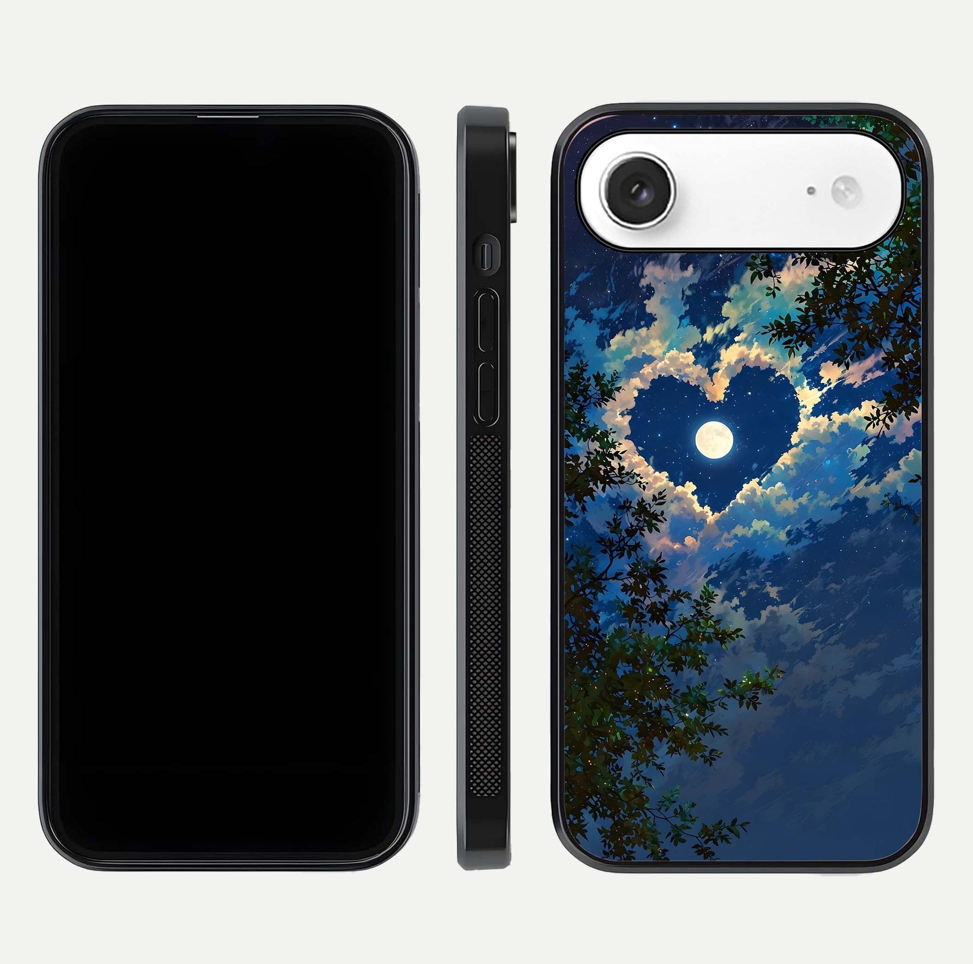 Heart with Moon Sky Glass Case for iPhone Air  front and back view layout displaying celestial tones and curved glass