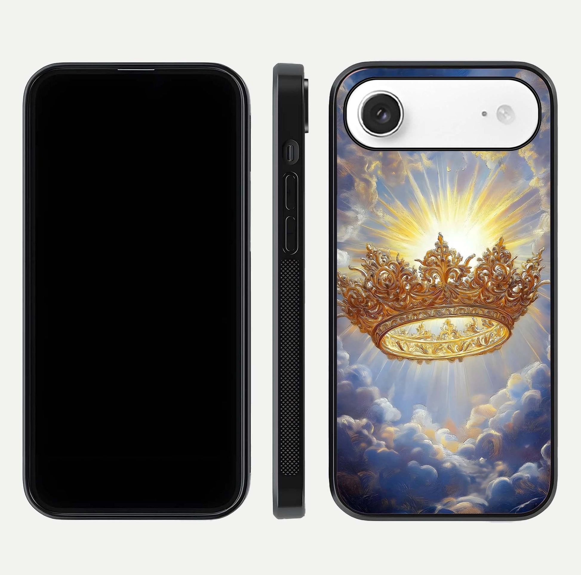 Heavenly Crown Light Glass Case for iPhone Air  front and back view layout highlighting golden aura tones and curved glass edges