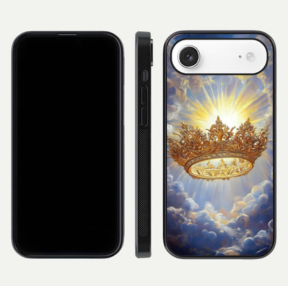 Heavenly Crown Light Glass Case for iPhone Air  front and back view layout highlighting golden aura tones and curved glass edges