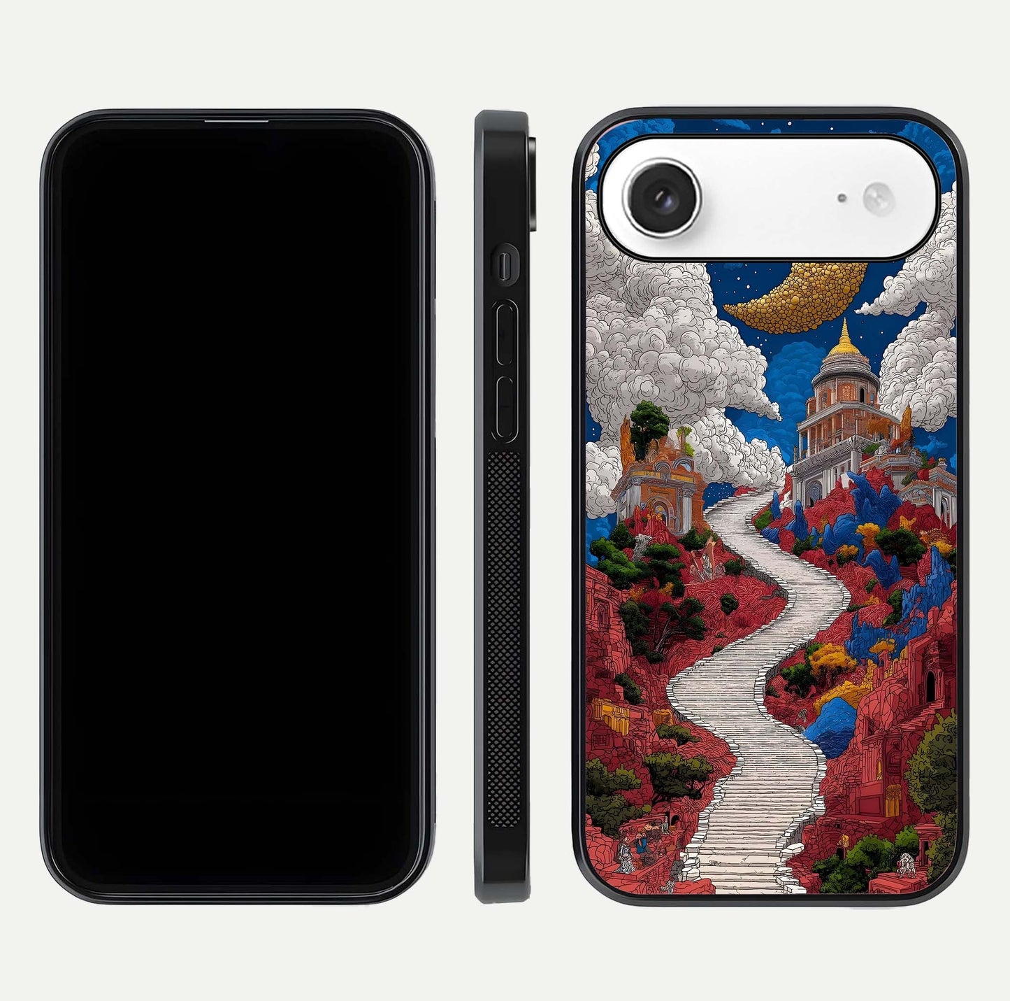 Heavenly Moon Path Glass Case for iPhone Air  front and back view layout displaying night sky tones and curved glass edges