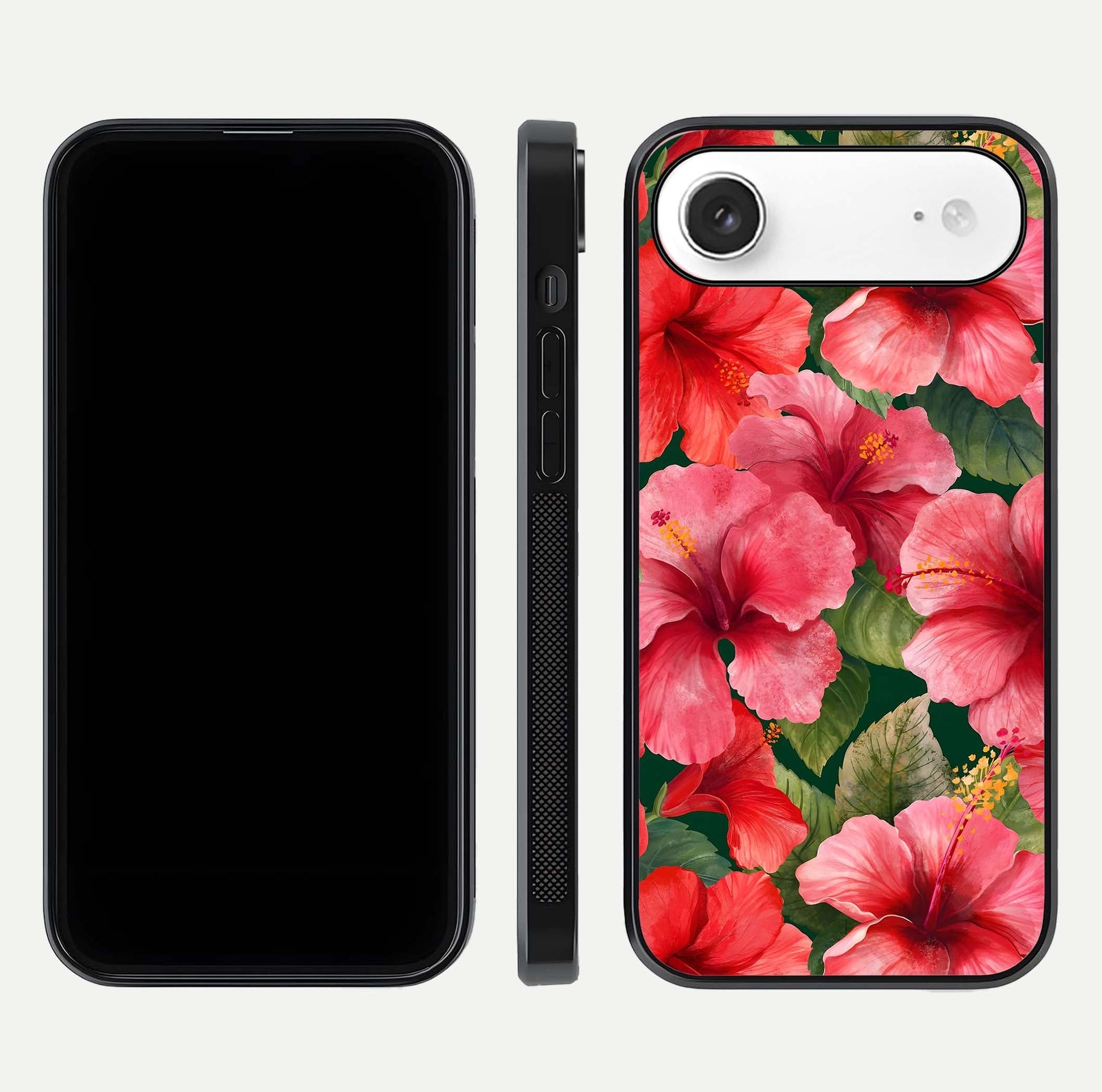 Hibiscus Pattern Glass Case for iPhone Air  front and back view layout highlighting tropical design and curved glass edges