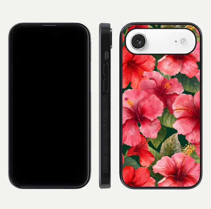 Hibiscus Pattern Glass Case for iPhone Air  front and back view layout highlighting tropical design and curved glass edges