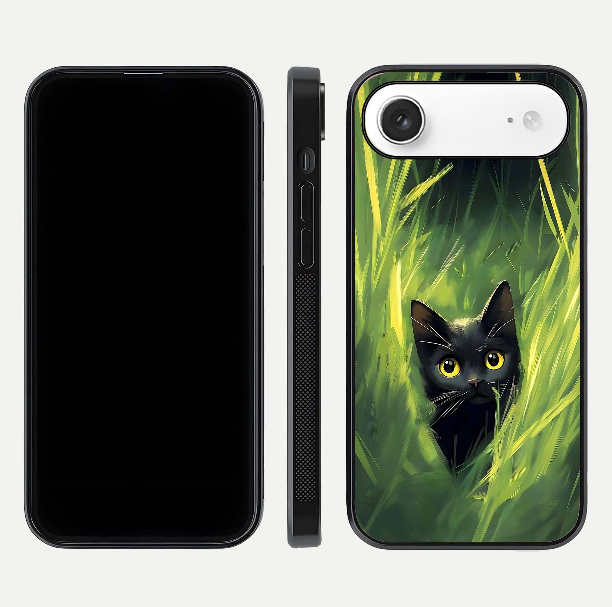 Hidden Cat Whisper Glass Case for iPhone Air  front and back view layout highlighting minimalist art and curved edges