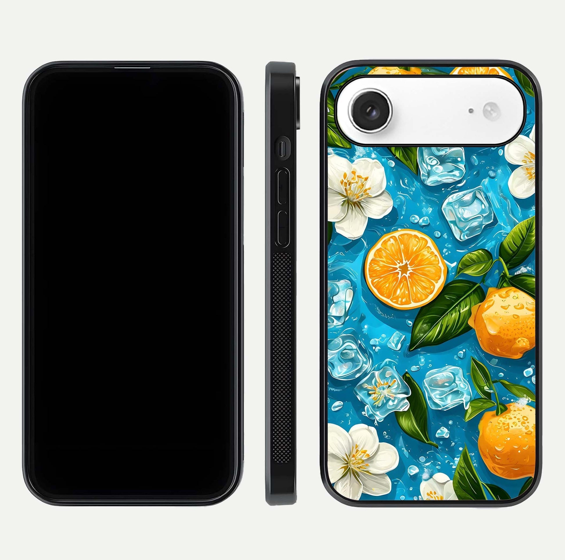 Ice Cube With Orange Glass Case for iPhone Air  front and back view layout highlighting fresh orange tones and curved edges