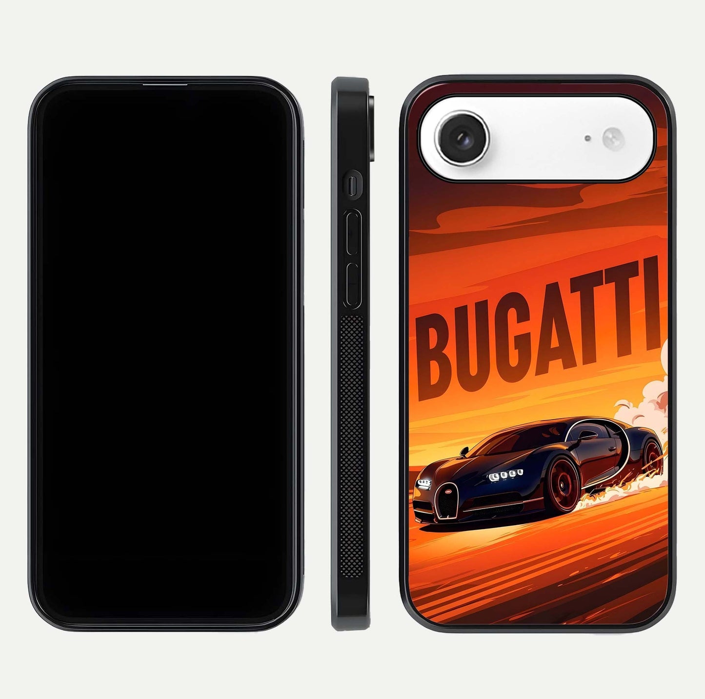 Inferno Bugatti Storm Glass Case for iPhone Air  front and back view layout highlighting car silhouette and curved glass edge