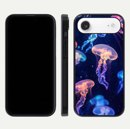 Jellyfish Pattern Glass Case for iPhone Air  front and back view layout highlighting aquatic tones and curved edges