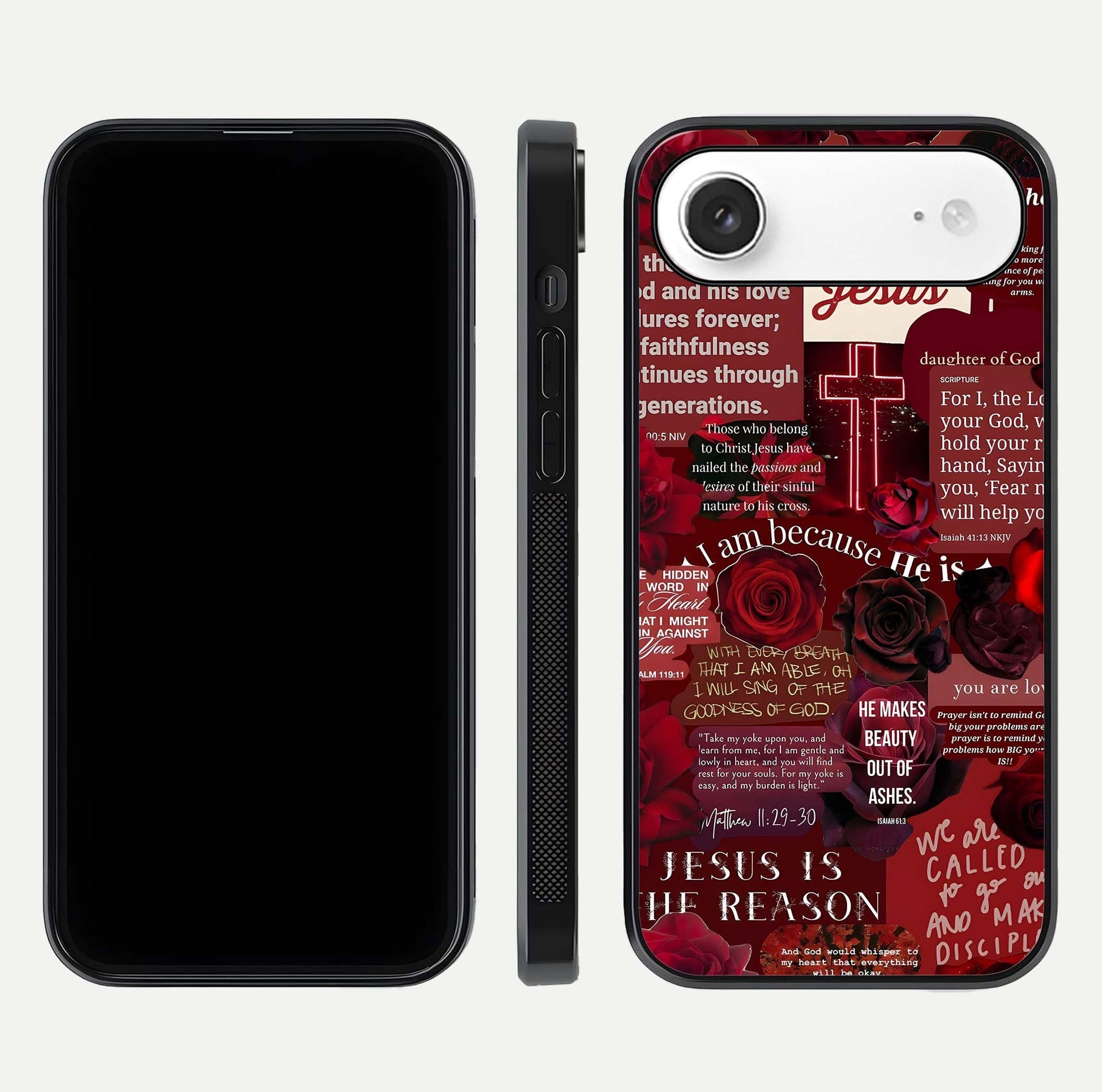 Jesus Love Heals Glass Case for iPhone Air  front and back view layout with elegant typography and smooth edges