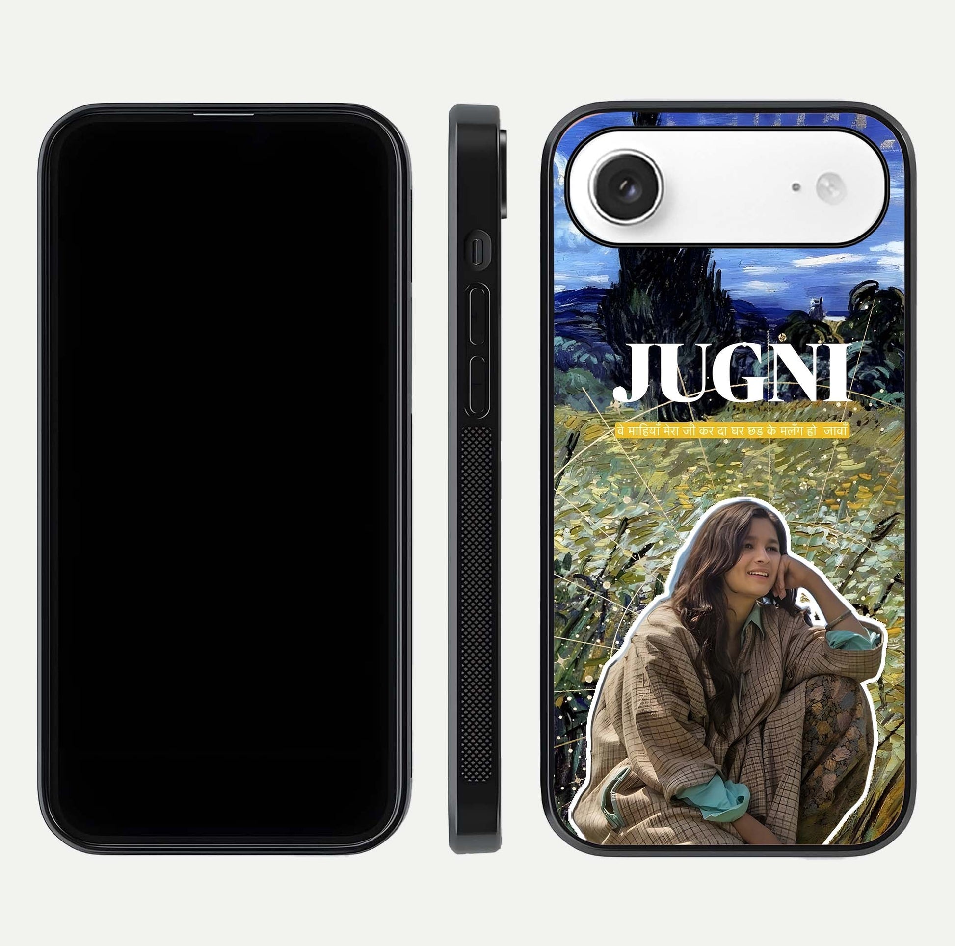 Jugni Soul Vibes Glass Case for iPhone Air  front and back view layout highlighting desi art and curved glass edges