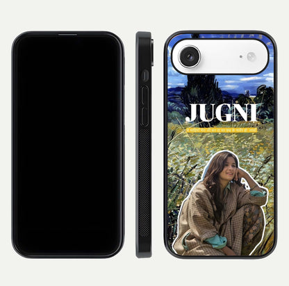 Jugni Soul Vibes Glass Case for iPhone Air  front and back view layout highlighting desi art and curved glass edges
