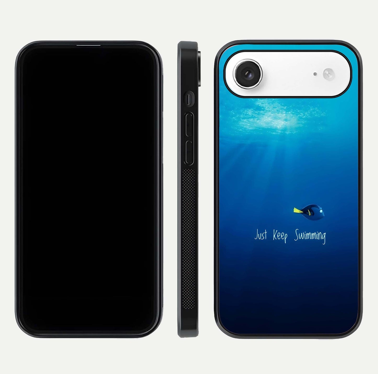 Just Keep Swimming Glass Case for iPhone Air  front and back view layout with smooth glass edges and HD text clarity