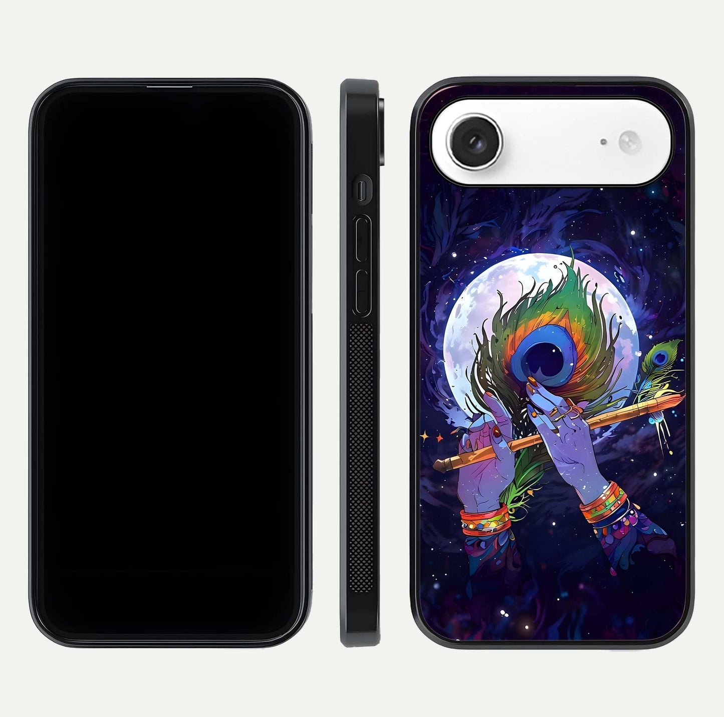 Krishna Hands Art Glass Case for iPhone Air  front and back view layout displaying soft edges and spiritual tones