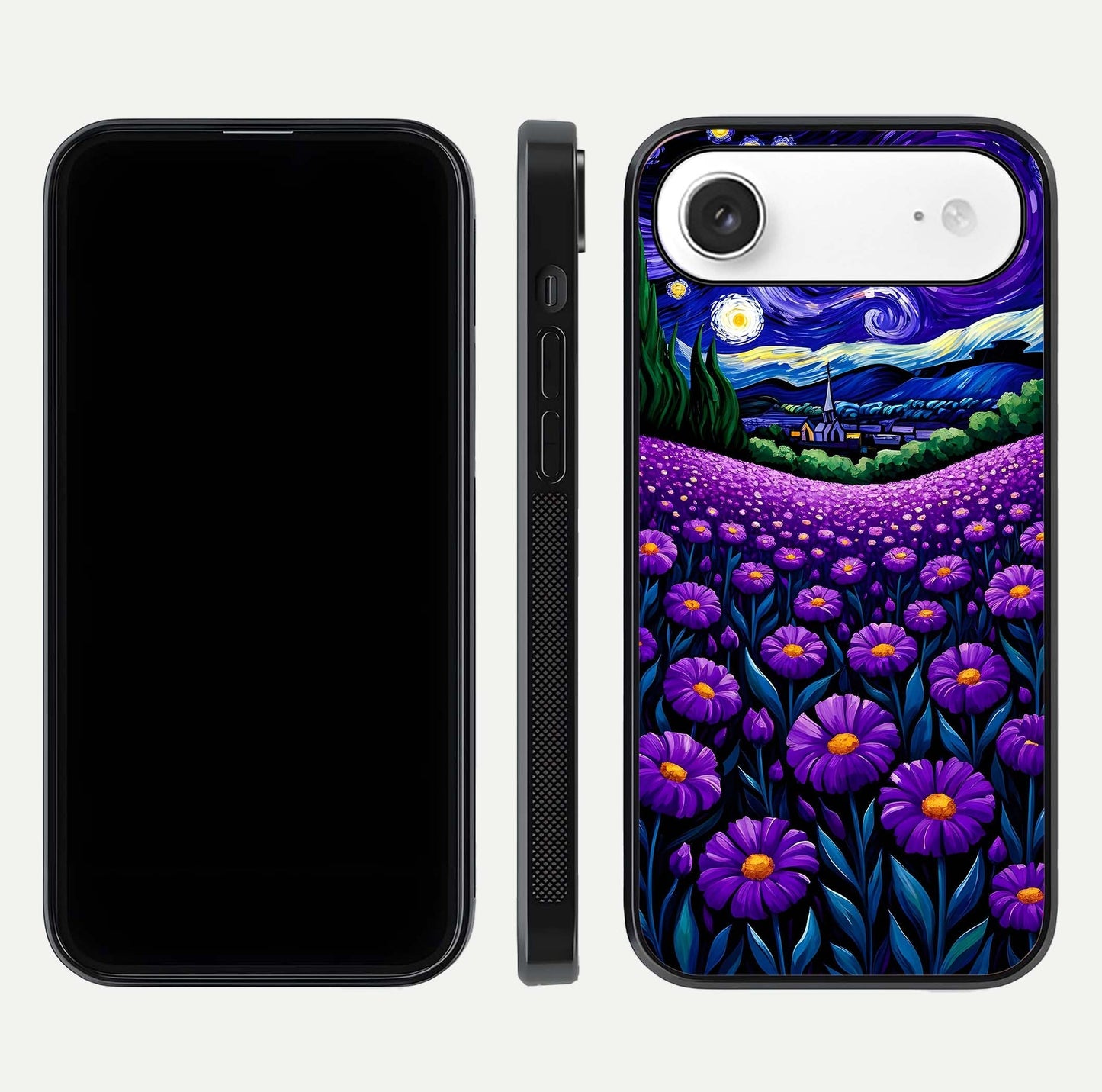 Lavender Moon Field Glass Case for iPhone Air  front and back view layout with soft gradient and curved edges