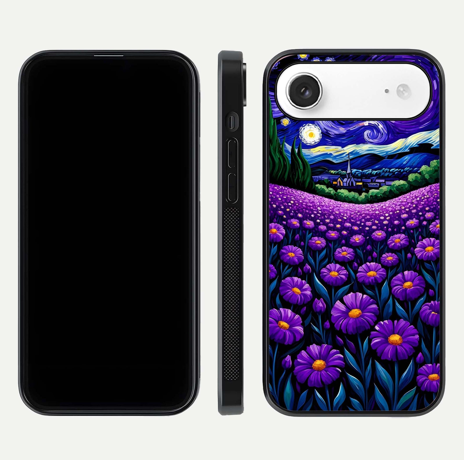 Lavender Moon Field Glass Case for iPhone Air  front and back view layout with soft gradient and curved edges