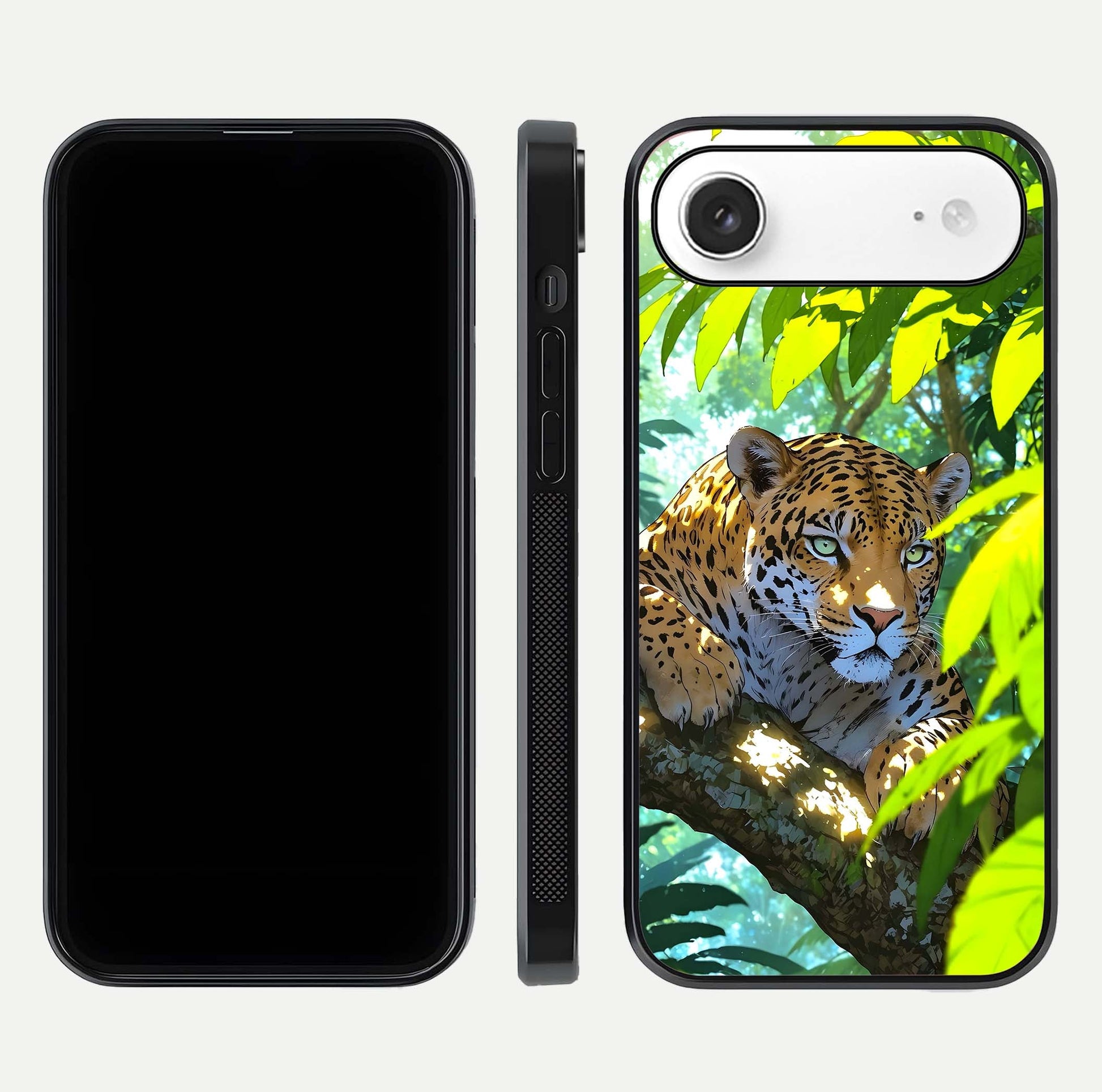 Leopard in Jungle Glass Case for iPhone Air  front & back layout with premium edge detailing and vivid jungle art