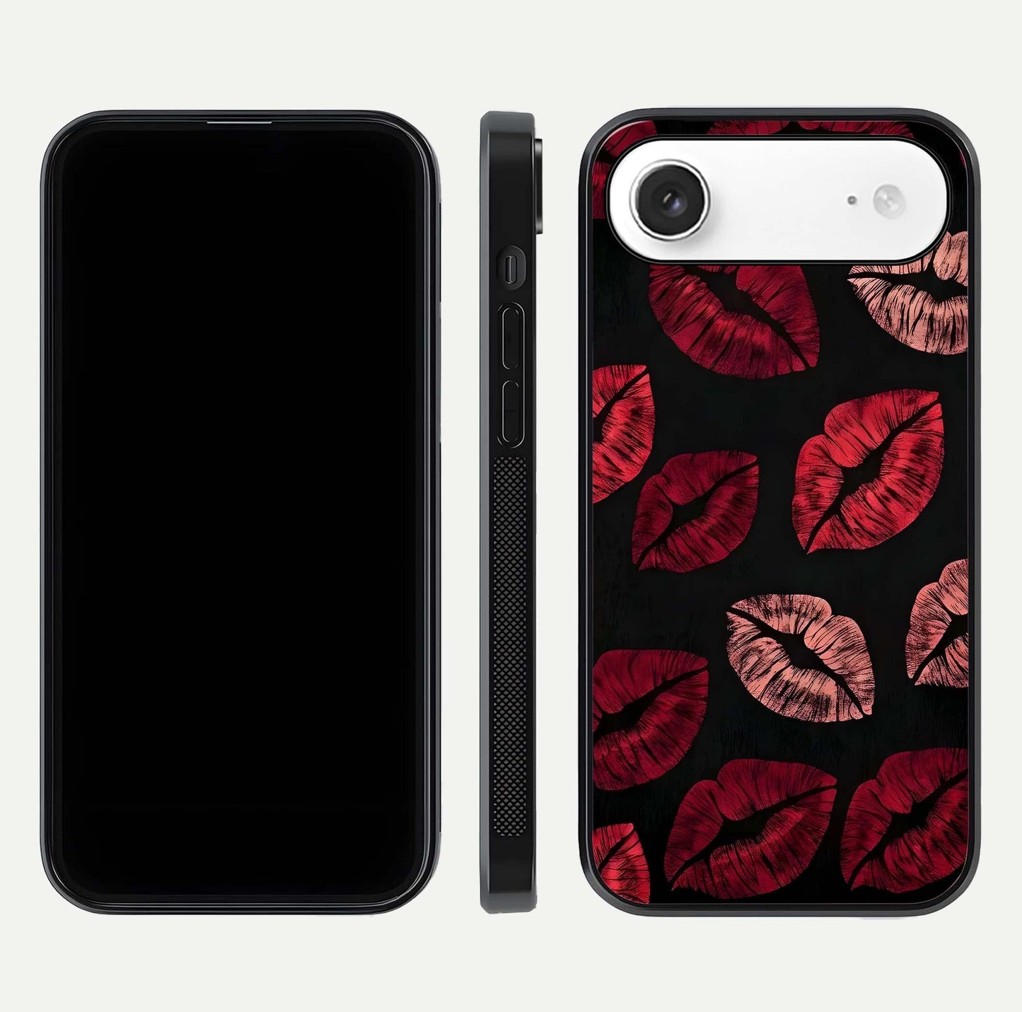 Midnight Kiss Love Glass Case for iPhone Air  front & back view layout showing romantic theme and smooth curves