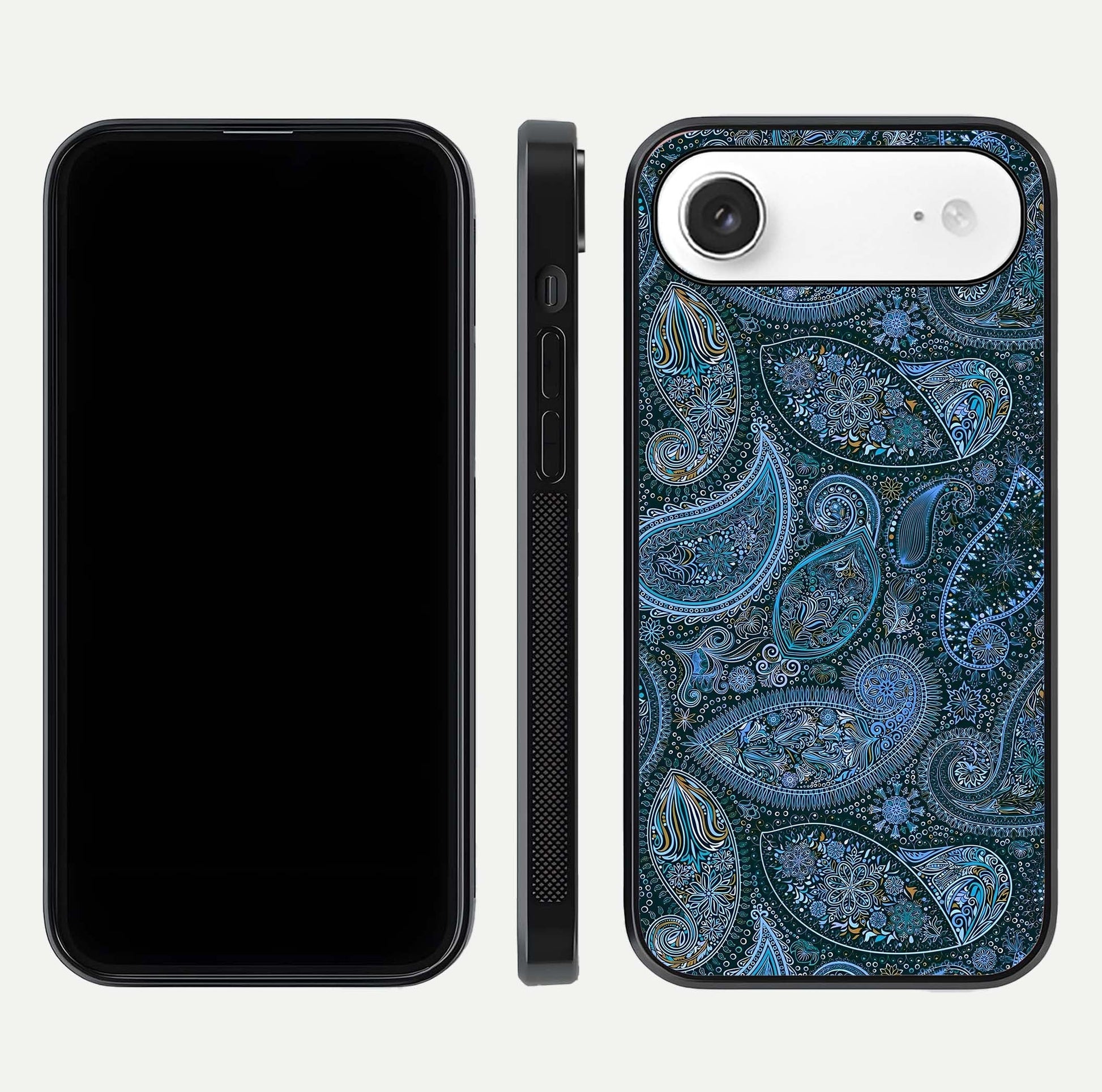 Midnight Paisley Glow Glass Case for iPhone Air  front & back layout highlighting elegant edge finish