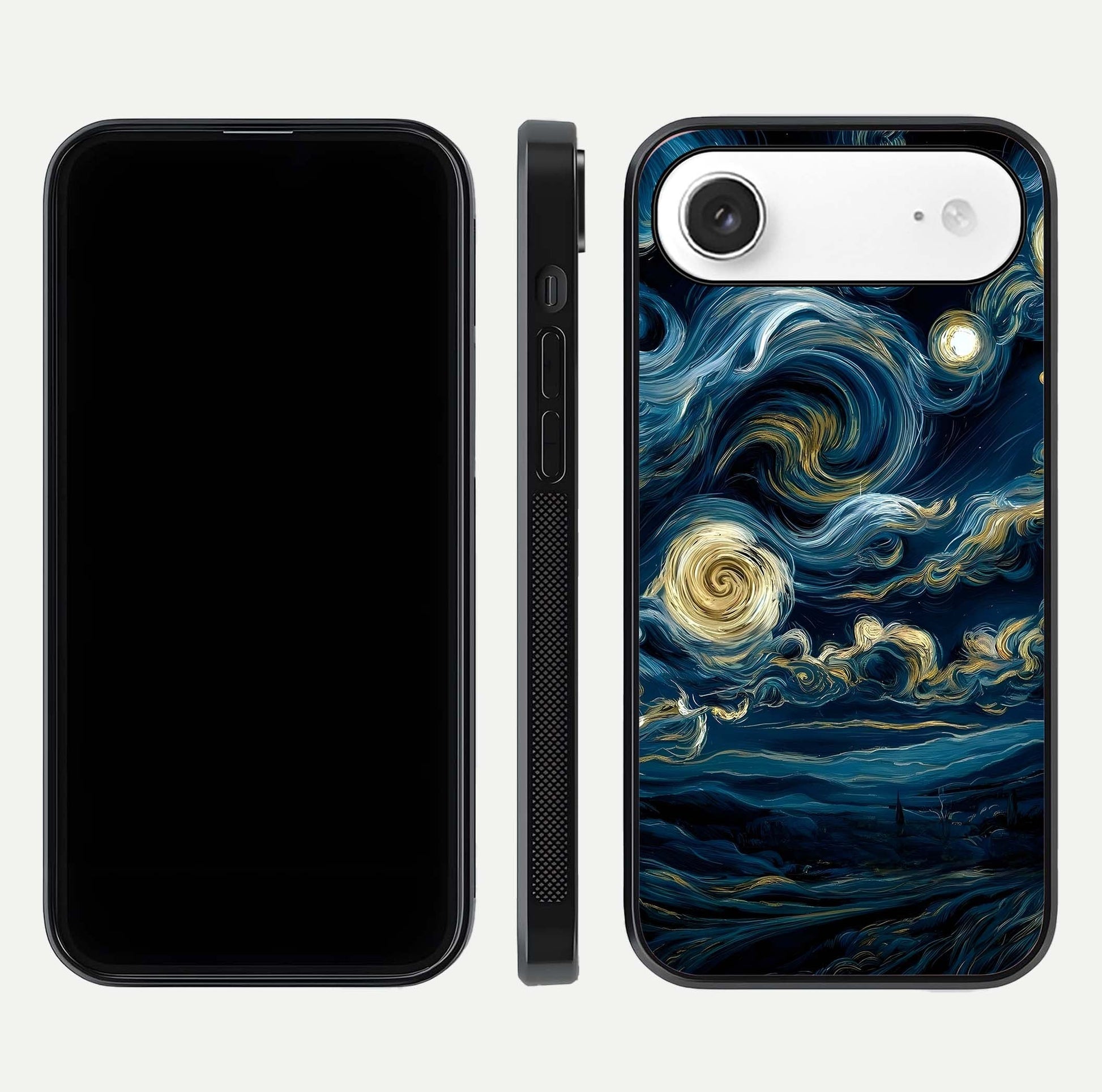 Midnight Sky Whirl Glass Case for iPhone Air  front & back layout highlighting celestial movement art