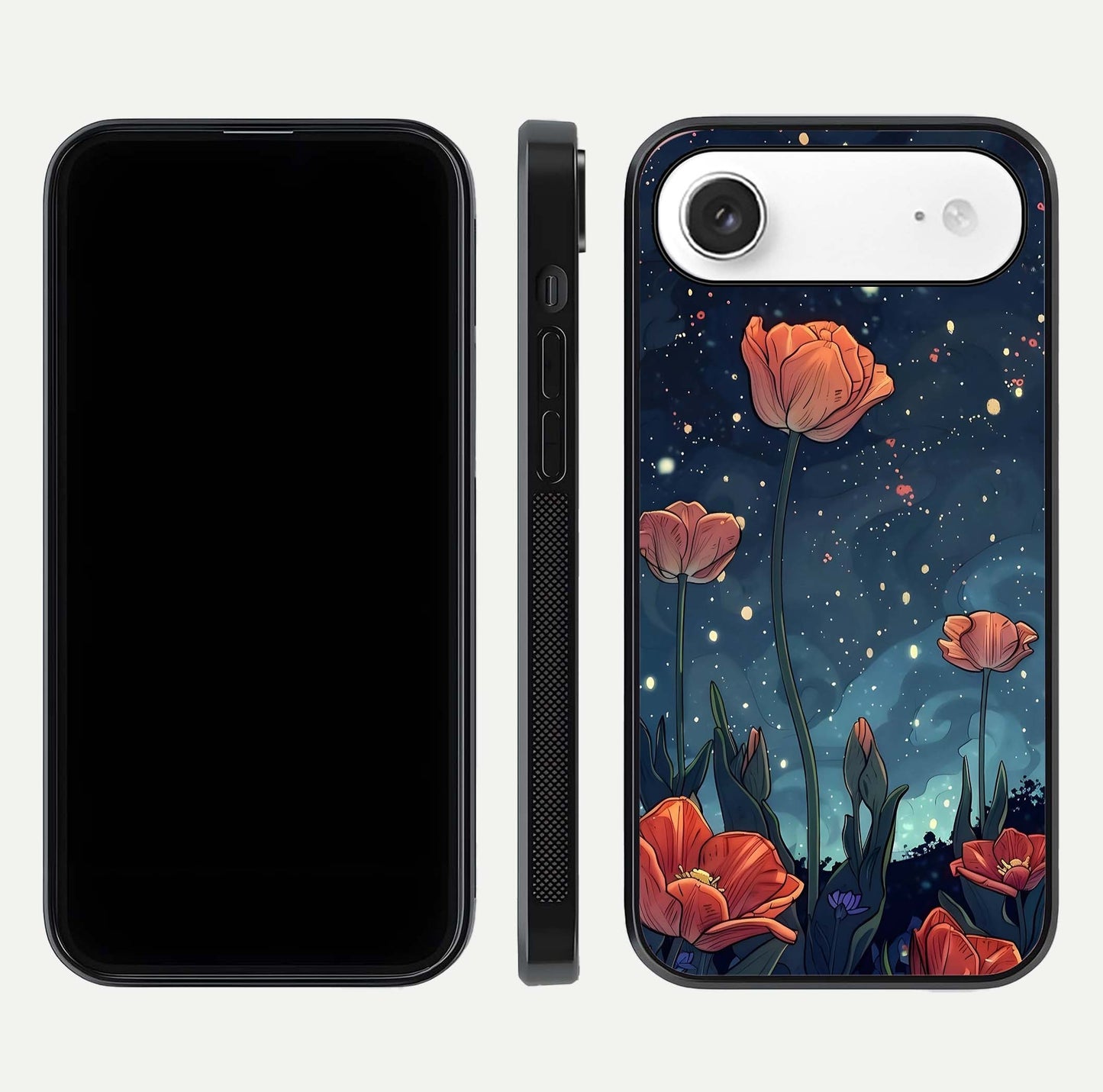 Midnight Tulip Glow Glass Case for iPhone Air  front & back layout highlighting floral glow and curved edges
