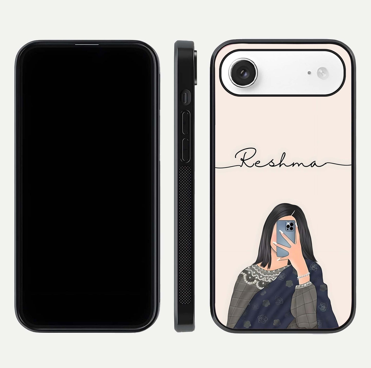 Mirror Mood Muse Custom Name Glass Case for iPhone Air  front & back layout showing personalized name placement