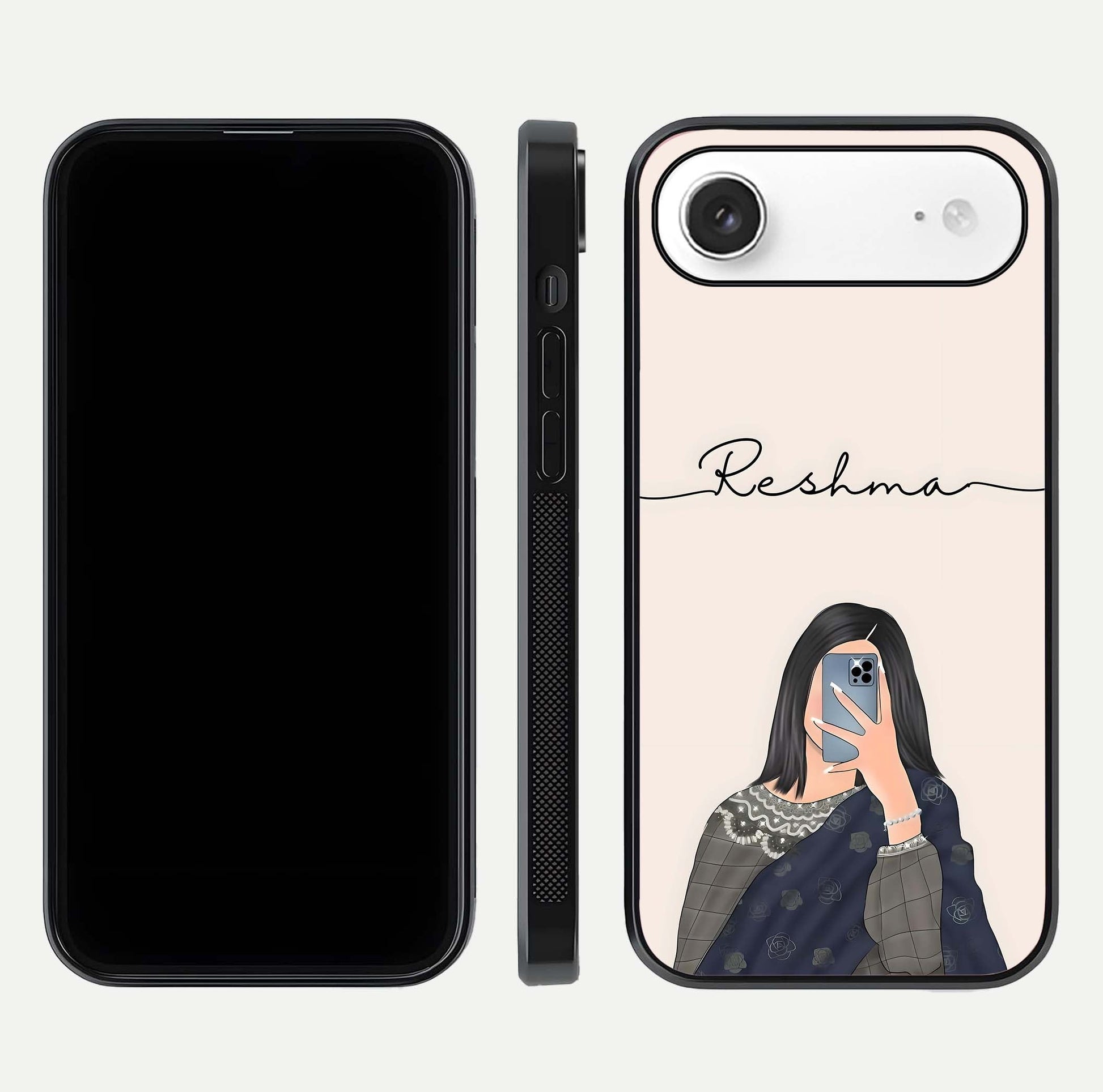 Mirror Mood Muse Custom Name Glass Case for iPhone Air  front & back layout showing personalized name placement