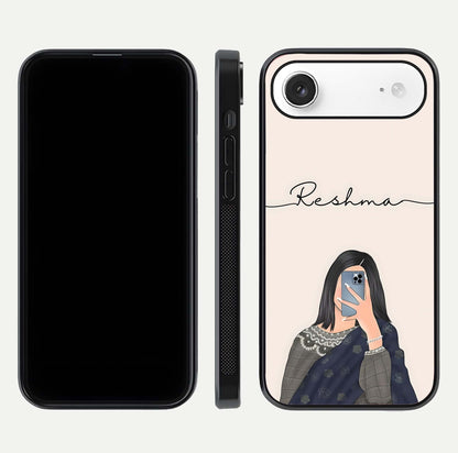 Mirror Mood Muse Custom Name Glass Case for iPhone Air  front & back layout showing personalized name placement