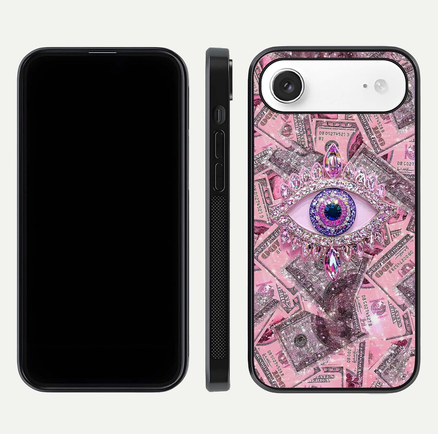 Money Eye Luxe Glass Case for iPhone Air  front & back layout highlighting luxury edge design and bold art