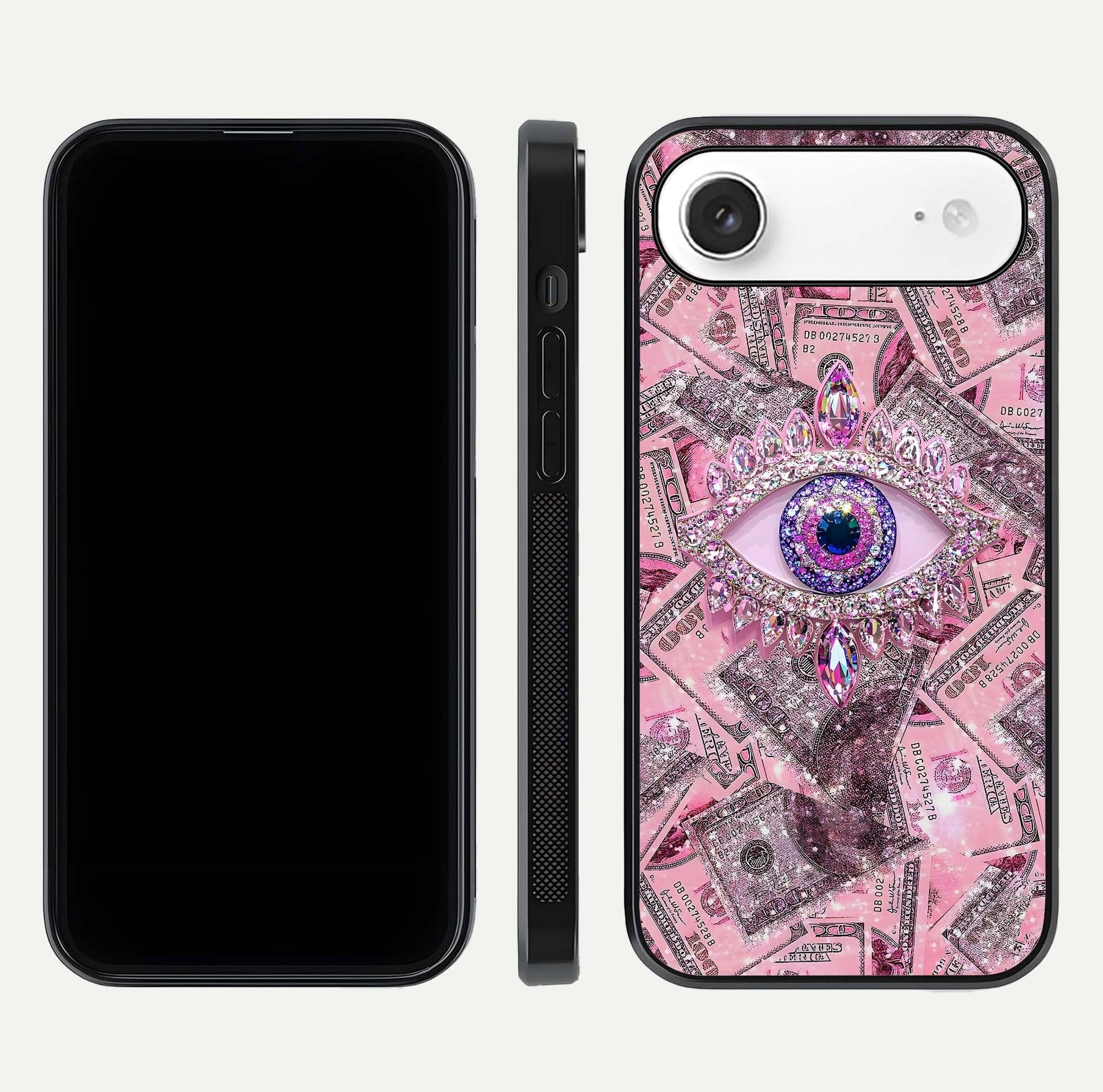 Money Eye Luxe Glass Case for iPhone Air  front & back layout highlighting luxury edge design and bold art