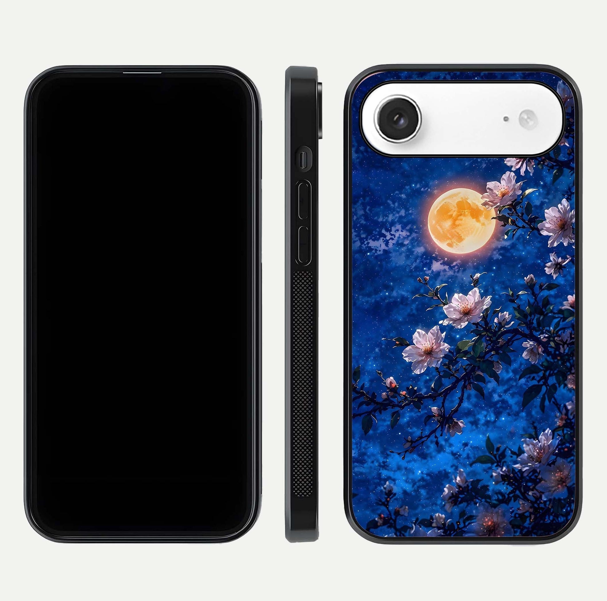 Moonlit Blossoms Night Glass Case for iPhone Air  front & back layout highlighting moonlit tones and curved edges