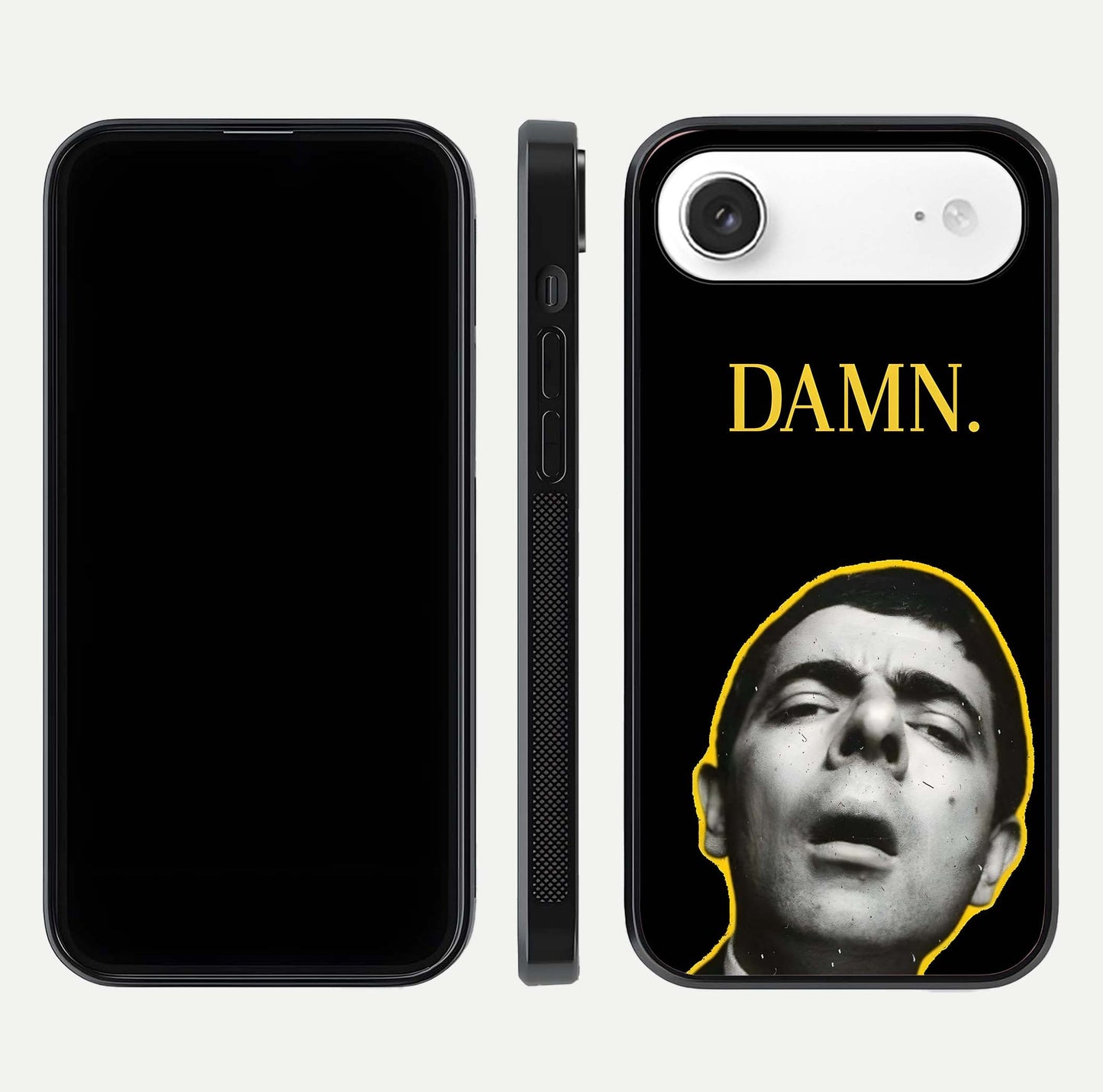 Mr Bean Damn Glass Case for iPhone Air  front & back layout displaying fun artwork and curved smooth edges