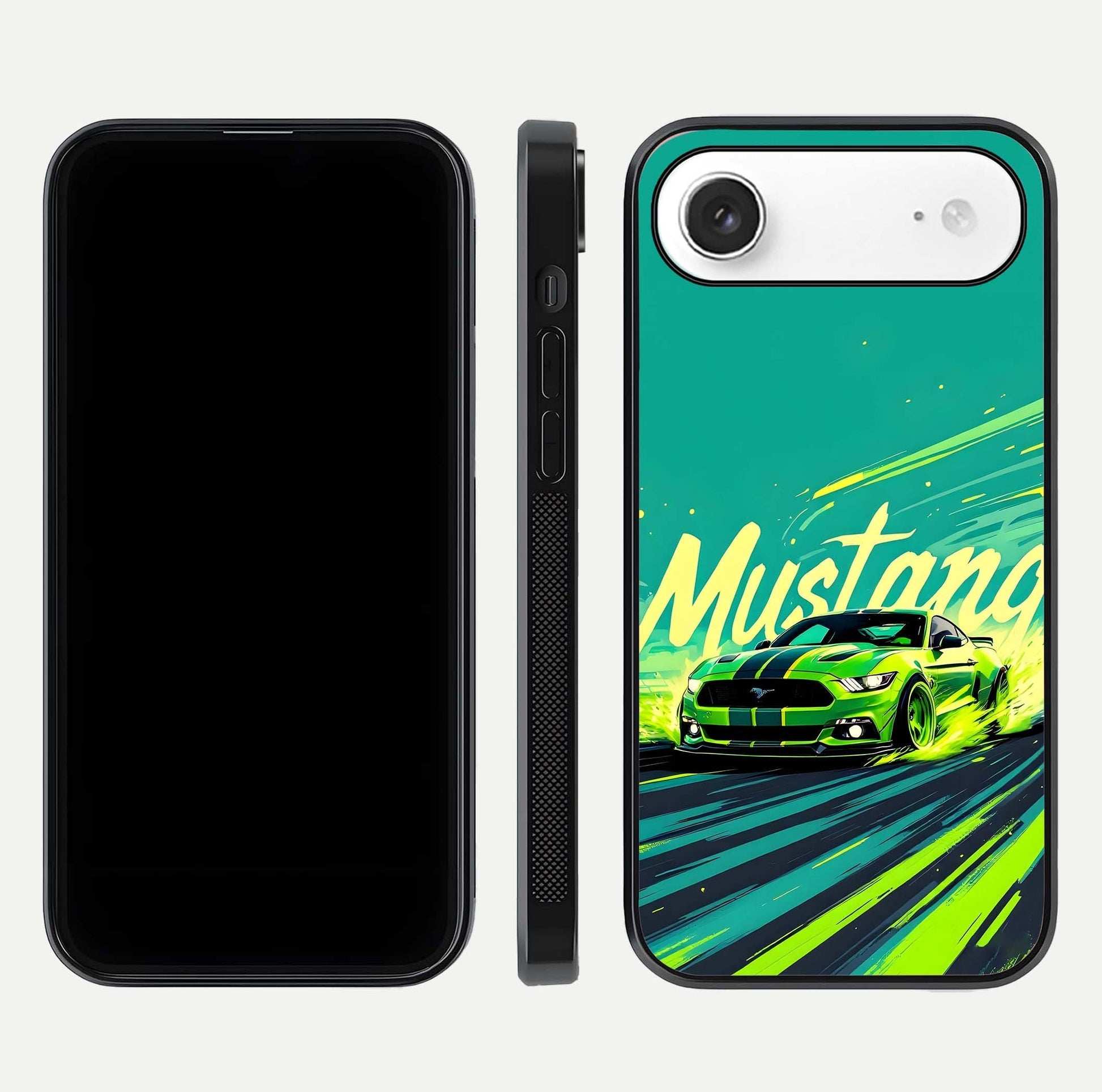 Mustang Bang Glass Case for iPhone Air  front & back layout highlighting dark automotive tones and edge detail